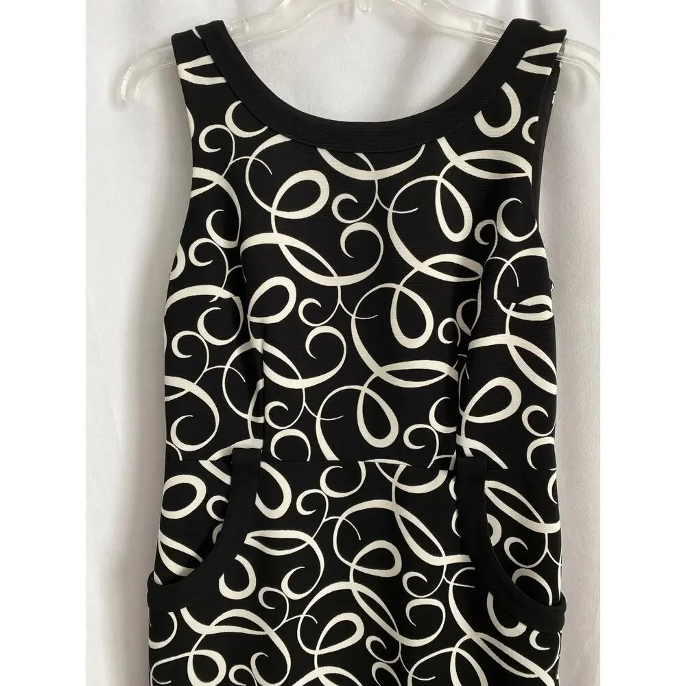 London Times Black & White Spiral Pattern Sheath Sleeveless Pockets Dress Size 8 - Picture 2 of 6